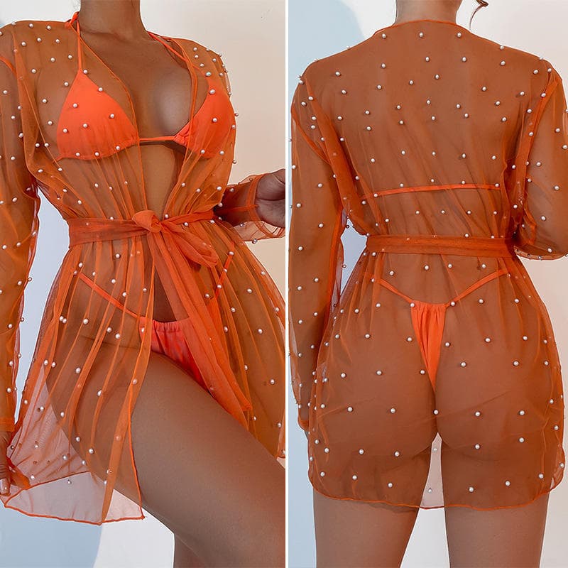 New Bandage Pearl Net Transparent Sexy Bikini Sunblock Casual Short Hollow Blouse