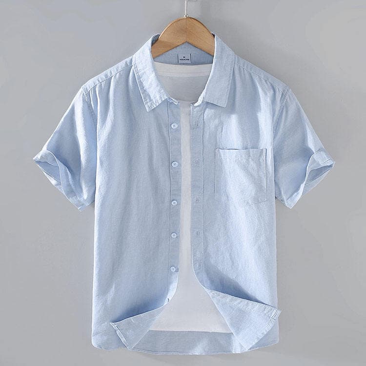 College Style Summer New Men Pocket Cardigan square Collar Shirt Casual Cotton and Linen Basic Short Sleeved Thin Shirt