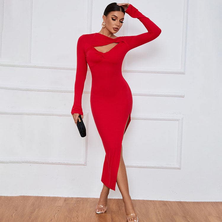 New Arrive 2023 Fashion Split Long Sleeve Dress Hollow Out Bodycon Irregular Skirt Slim Fit Sexy Dress Elegant Women