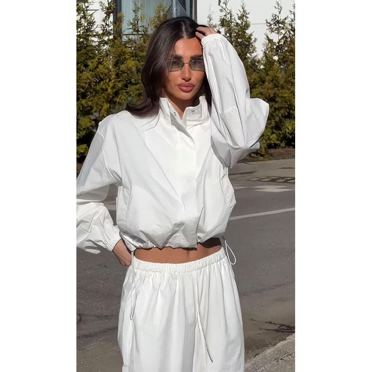 Wenshuo Women Casual Sport Set Loose Stand Collar Zip up Coat and Wide Leg Trouser Women Solid Color 2piece Set Daily Set