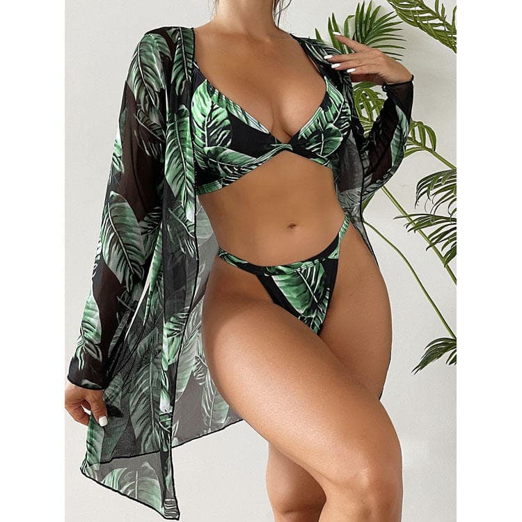 Green Leaf Print 3 Piece Bikini Set Swimsuit With Cover Ups Simple Design Women Sex Bikini