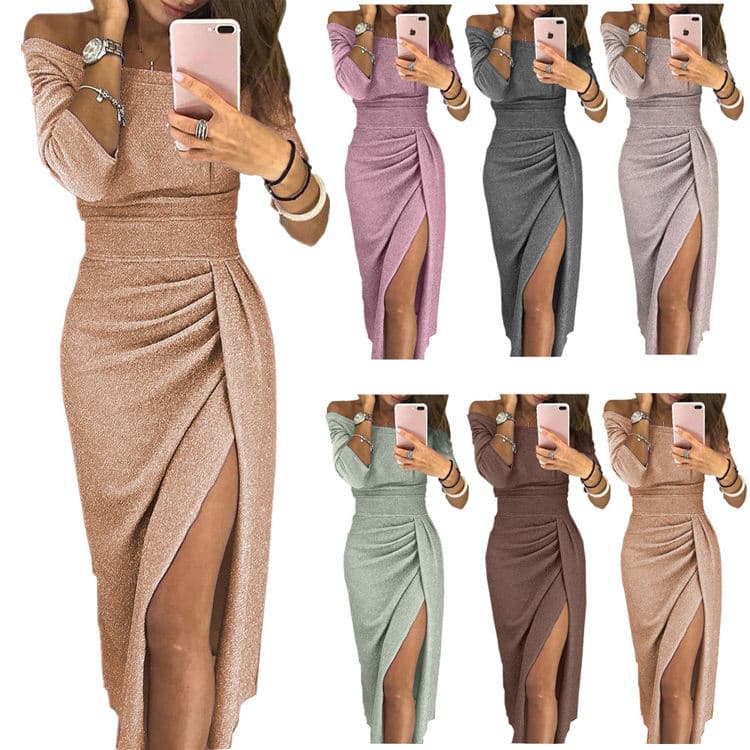 New Solid Color Sexy Hip Hugging Split Dress One Shoulder Dress Shining Evening Dress for Women