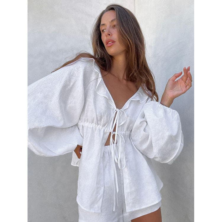 Loose Casual Outfits 2024 New Fashion Lantern Long Sleeve V-Neck Top Shorts Women Two Piece Sets