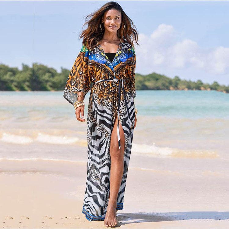 Long Chiffon Bathing Suit Cover Ups for Woman Loose Lace up Beach Sun protection Blouse