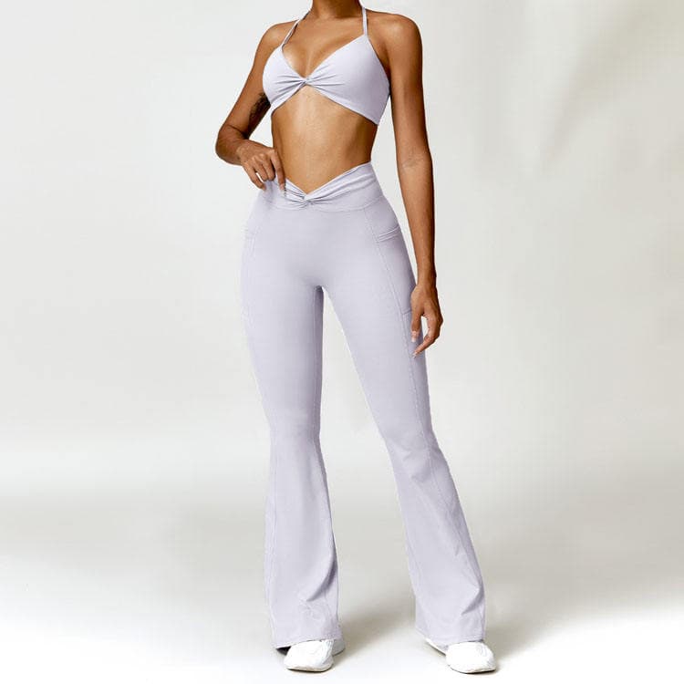 Nude Solid Color Tight Silky Yoga Sets Flared Pants Halter Neck Style Quick Drying Beautiful Back Fitness Wear
