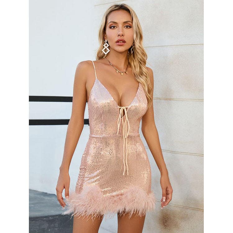 High Quality New Elegant Party Dress for Women V Neck Strap Backless Sequin Mini Dress Feathers Slim Sexy Evening Dress