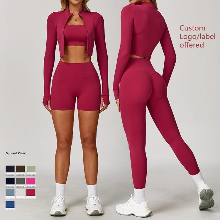 High Quality Nude Feeling 3 Piece Yoga Set with Jacket High Waist Women Yoga Set
