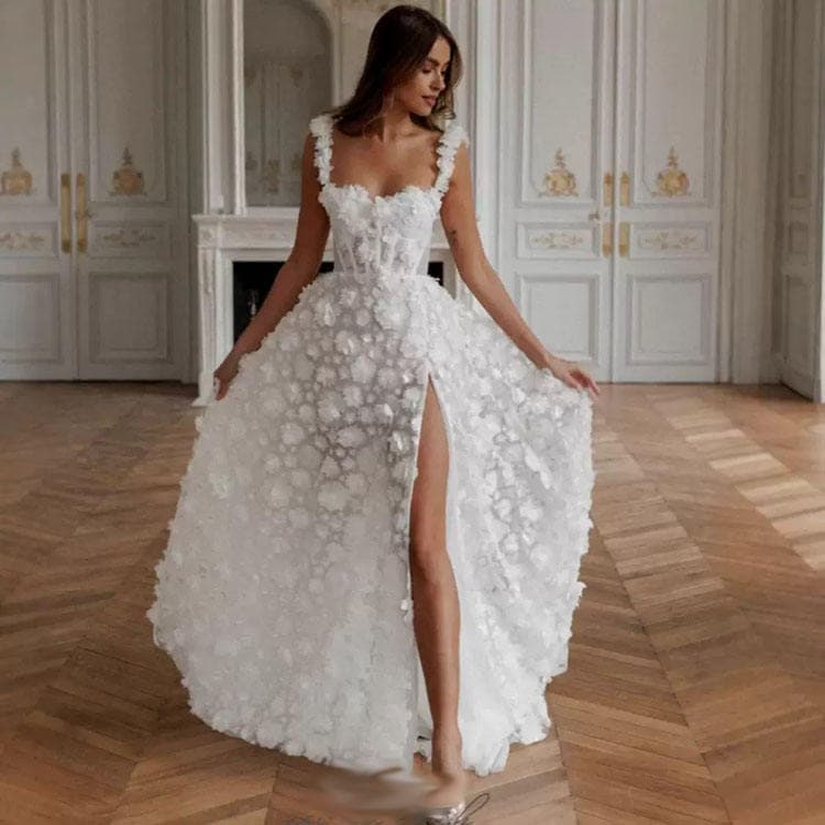 2026 New 3D Floral High Slit Evening Dress High Waist Hollow Lace Women Wedding Dress Simple Elegant Wholesale Wedding Dress