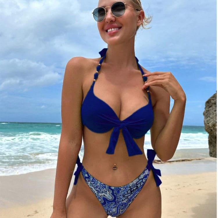 Multi Color Solid Top Floral Print Button Two Piece Bikini New Design Swimwear 2024 Hot Sell Stock