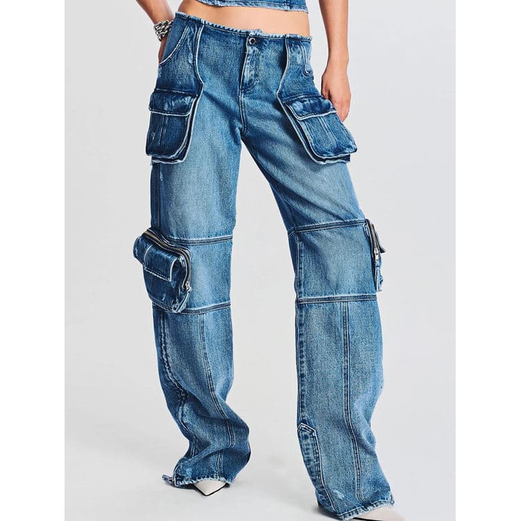 2025 New Fashion Street Jeans Pocket Splicing Work Pants Jeans High Waist Straight Jeans Women