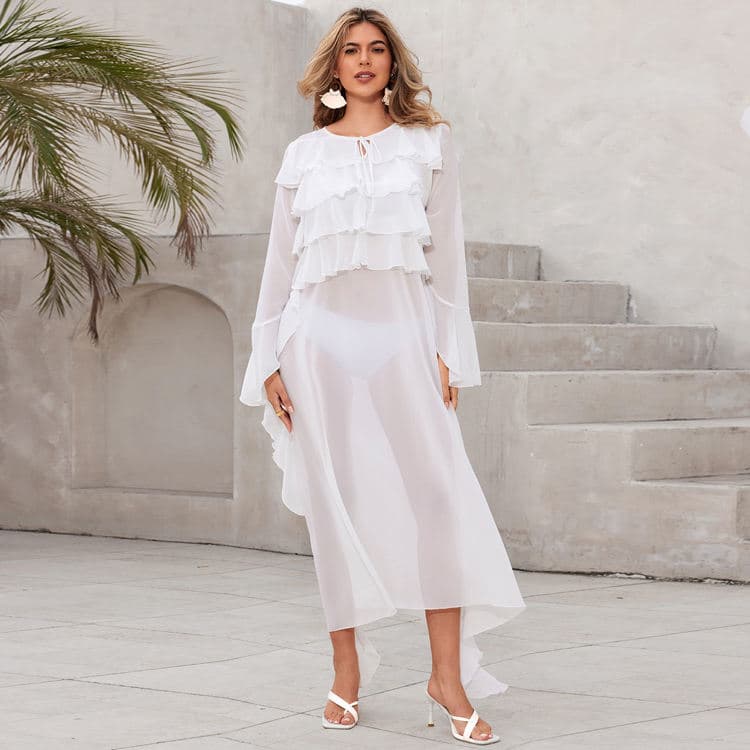 White Elegant Beach Dresses Chiffon Vacation Bikini Cover Ups Ruffle Swimwear Cover Ups
