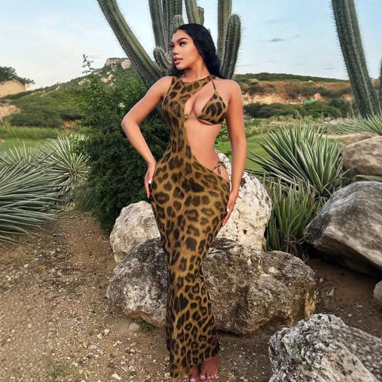 Customized Premium Swimwear Sexy Waist Hollow Bikini Three Piece Leopard Print Long Skirt Swimsuit