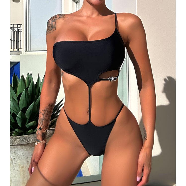 New Solid Color One Piece Swimwear Sexy Hollow Bikini Love One Shoulder Swimsuit