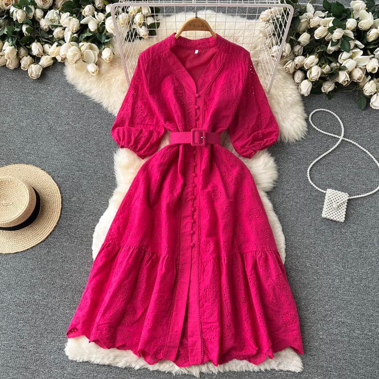 Wenshuo Solid Color Dress Wholesale Stylish Hollow Dress Custom logo Summer Shirt Dress Factory Directly
