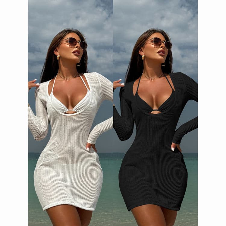 Deep v Three Piece Sexy Bikini Solid Color Tube Top Swimwear Fashion Swimsuit Beach Dress