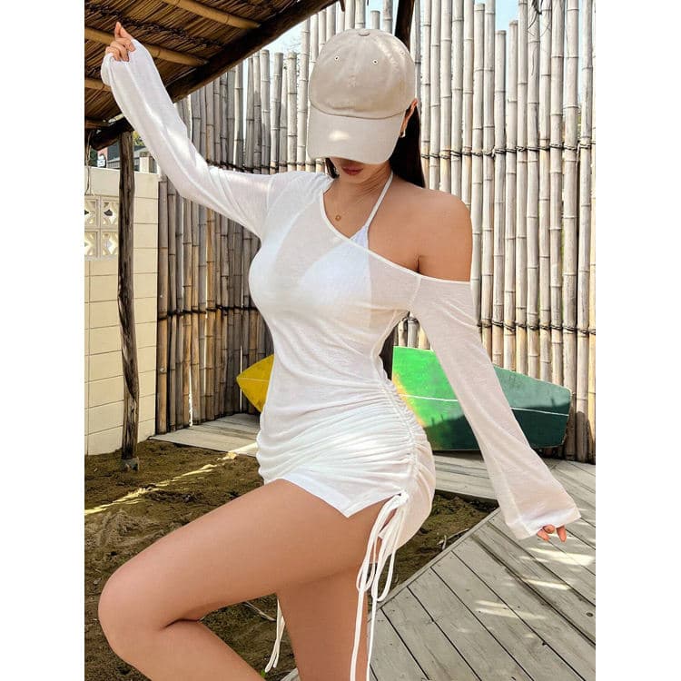 Summer Solid Color Bikini Dresses Sexy Hollow Perspective  Dresses Slant Neck Beach Cover Ups