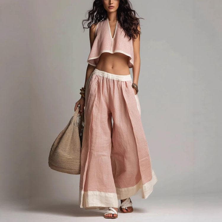 Wenshuo Sleeveless V Neck Top Wholesale Loose Straight Leg Trousers Custom logo Midriff Baring Women Set Factory Directly