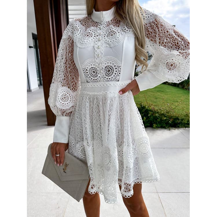 Women Elegant Stand Collar Lace Mini Dress Lantern Long Sleeve High Waist Party Short Dresses Vintage Hollow Crochet Lace Dress