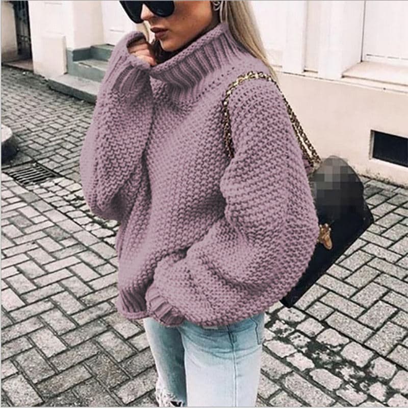 Fall Winter New Thick Sweater Women Curling High Collar Bat Sleeve Sweater