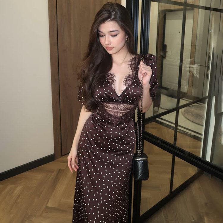 Wenshuo Polka Dot Maxi Dress Wholesale V Neck Short Sleeve Dress Custom logo Casual Satin Dress Factory Directly