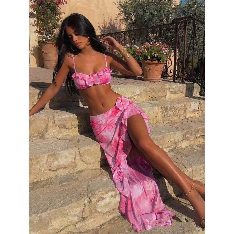 Wholesale 3-Piece Bikini Set Hot Spring Beach Maxi Skirt Swimwear Fashionable Floral Bikini for Women