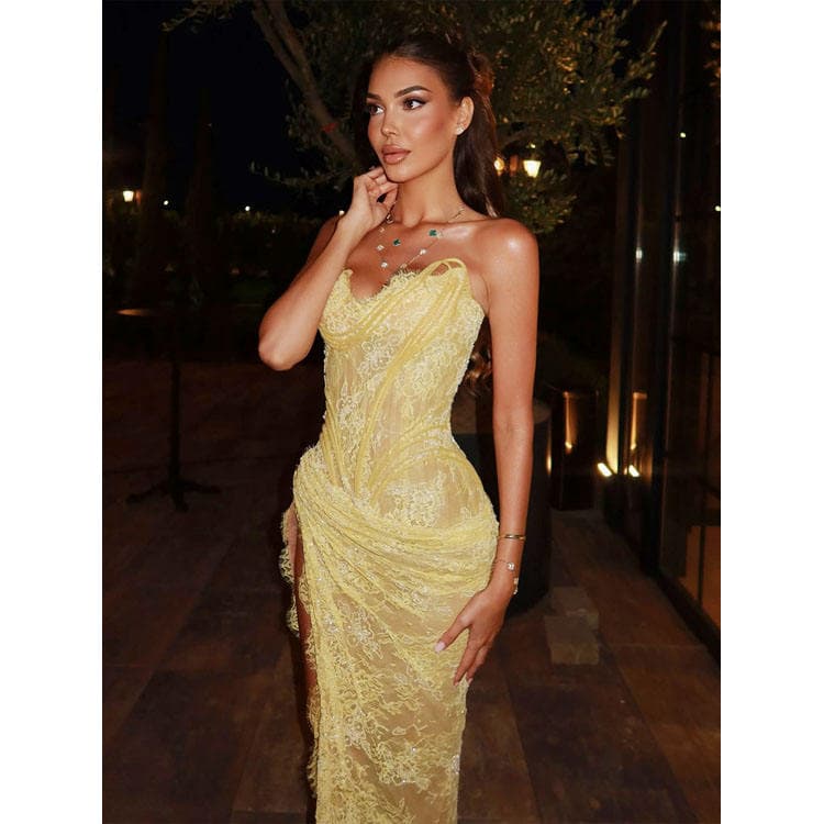 Wenshuo High Quality Yellow Strapless Evening Gown Ruffled Lace Back Lace up Women Sexy Dress High Slit Sparkly Women Dress