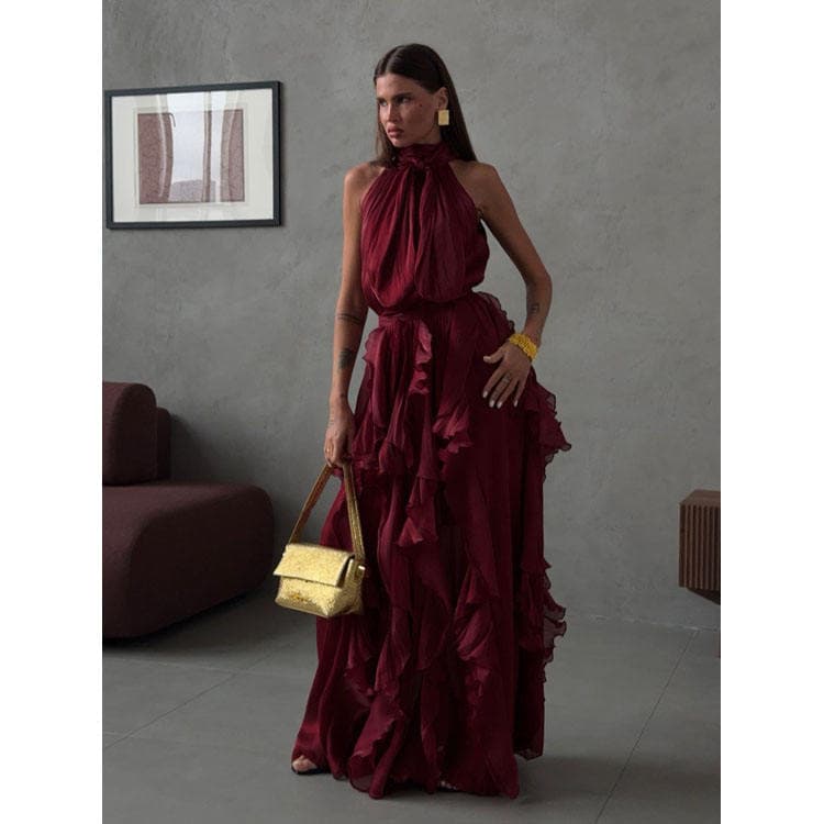 Wenshuo Ruffled Vacation Dress Wholesale Halter Maxi Dress Custom logo Sleeveless Dress Factory Directly