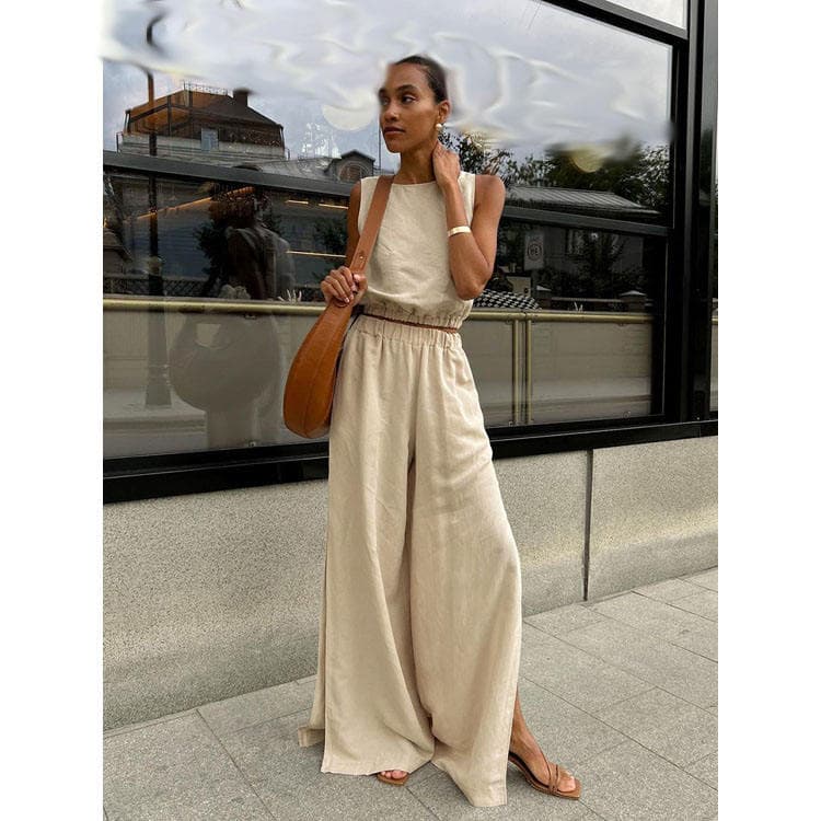 Wenshuo 2026 Summer New Style Cotton Linen Vest Set for Women High Quality Sleeveless Top and Slit Wide Leg Pants Two Piece Set