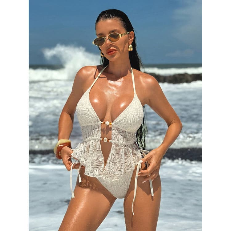 2026 Summer Cutout Bikini Set Solid Color Crocheted Swimwear Halter Neck Tie-Side Swimsuit for Women