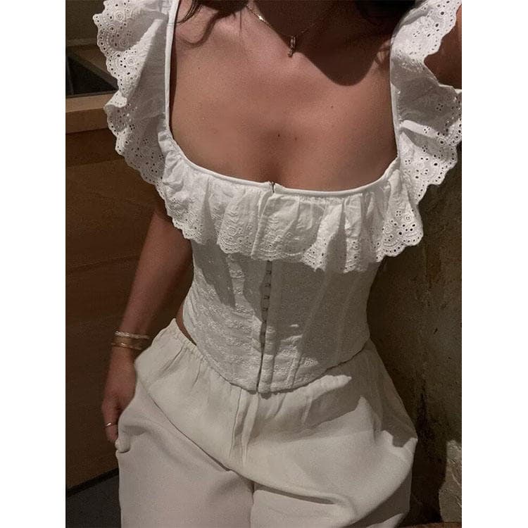 26 Summer New Style Women Slim Vest Sweet Style Embroidered Lace Ruffle Vest for Women