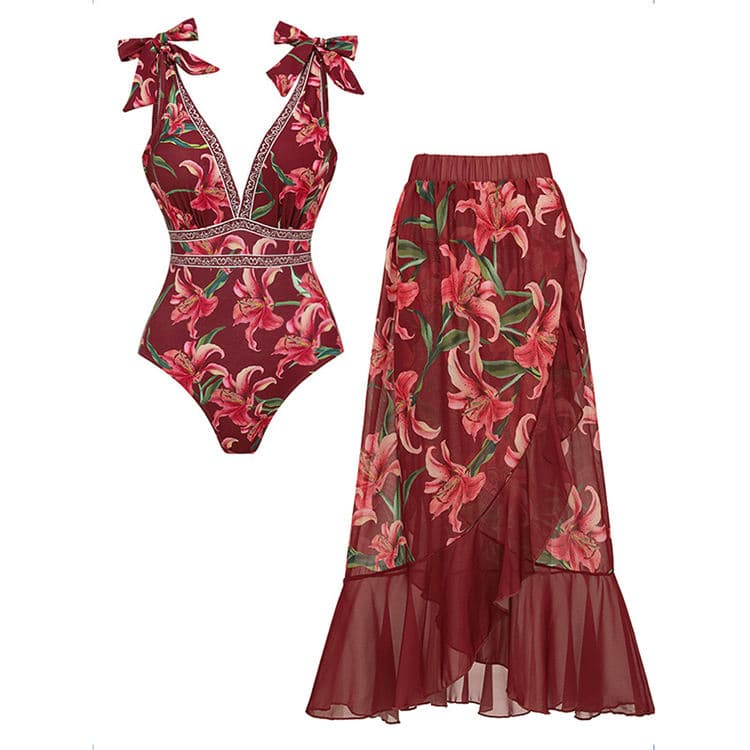 2026 New Trendy Fashion Sexy Swimsuit Polyester Mesh Lily Printed Swimsuit Set