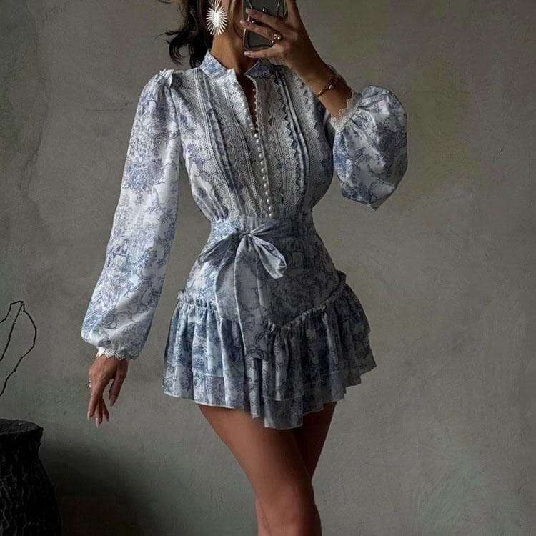 Wenshuo Lantern Sleeve Dress Wholesale Printed Shirt Dress Custom logo Ruffle Mini Dress Factory Directly