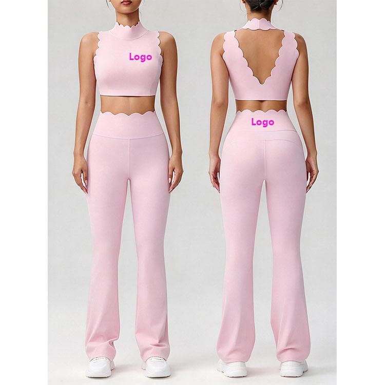 Nylon Spandex Fitness Gym Set Wave Lace Crop Top and Wave High Waist Flare Legging Yoga Set
