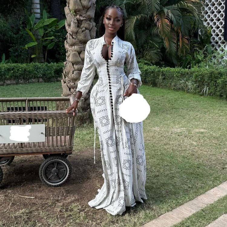 Wenshuo 2026 New African Style Elegant Women Dress Long Sleeve Stand Collar Single Breasted Maxi Dress Women Casual Dress