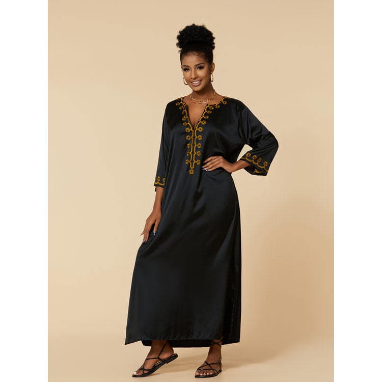 Wholesaler Loose Imitation Silk Fabric Embroidered Holiday Long Dress Women Beach Cover Ups