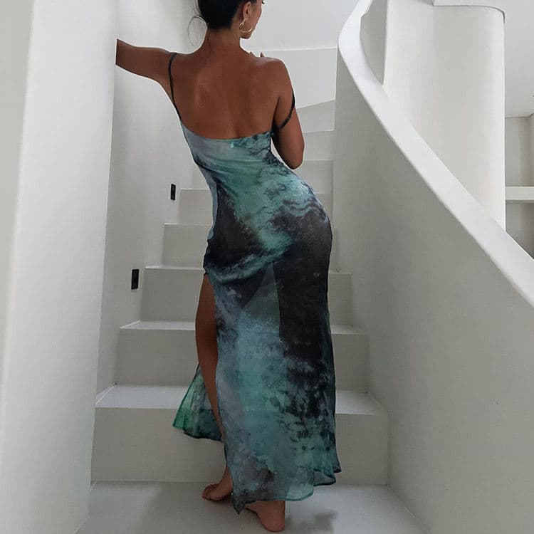 Beach Holiday Chiffon Dresses Ink Print Low Neck Dresses Backless Sleeveless Slip Dresses
