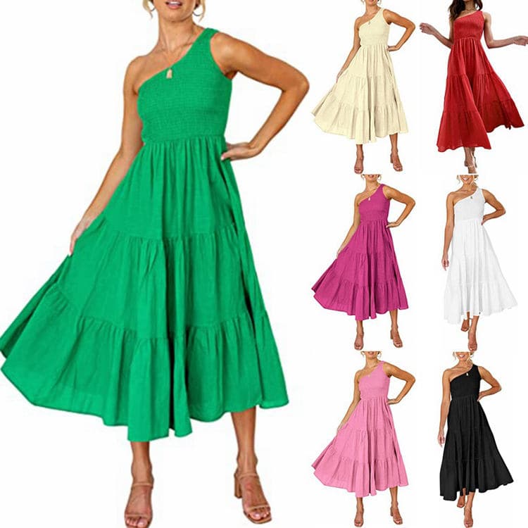 2023 One-shouldered Sleeveless Layered Pleated Dress With Explosive Print for Women