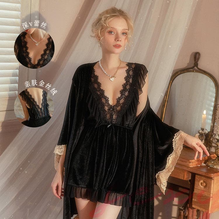 Autumn and Winter Lace Mesh Sexy Sling Pajamas Gold Velvet Loose Morning Gown Nightgown