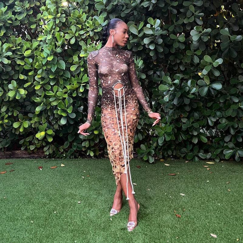 New Round Neck Long Sleeve Mesh Sexy Crop Tops Wrap Hip Dress for Women