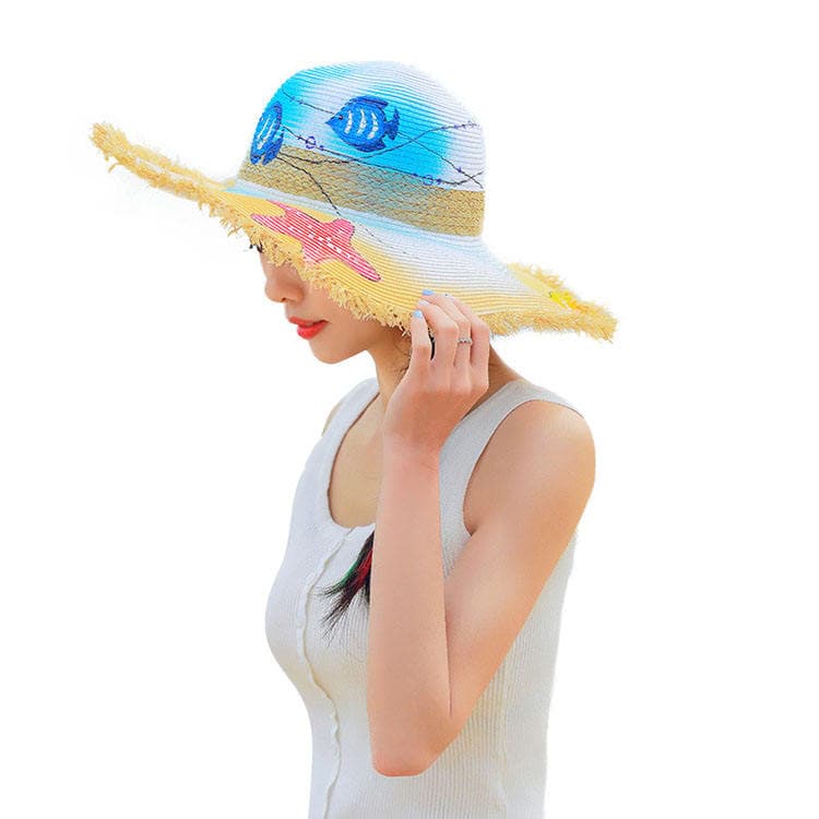 Hand Painted Straw Hat Doodle Summer Beach Hat Female Visor Beach Hat Folding