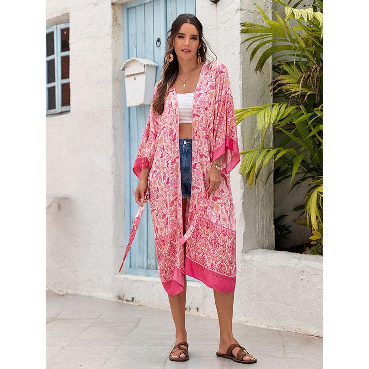 Summer Rayon Printed Cardigan Kimono Vacation Beach Shawl Bikini Sunscreen Top