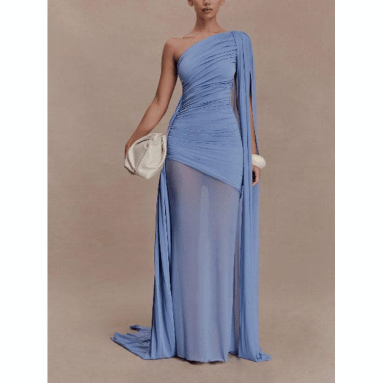 Wenshuo One Shoulder Bandage Dress Wholesale Solid Color Long Dress Custom logo Mesh Pleated Dress Factory Directly
