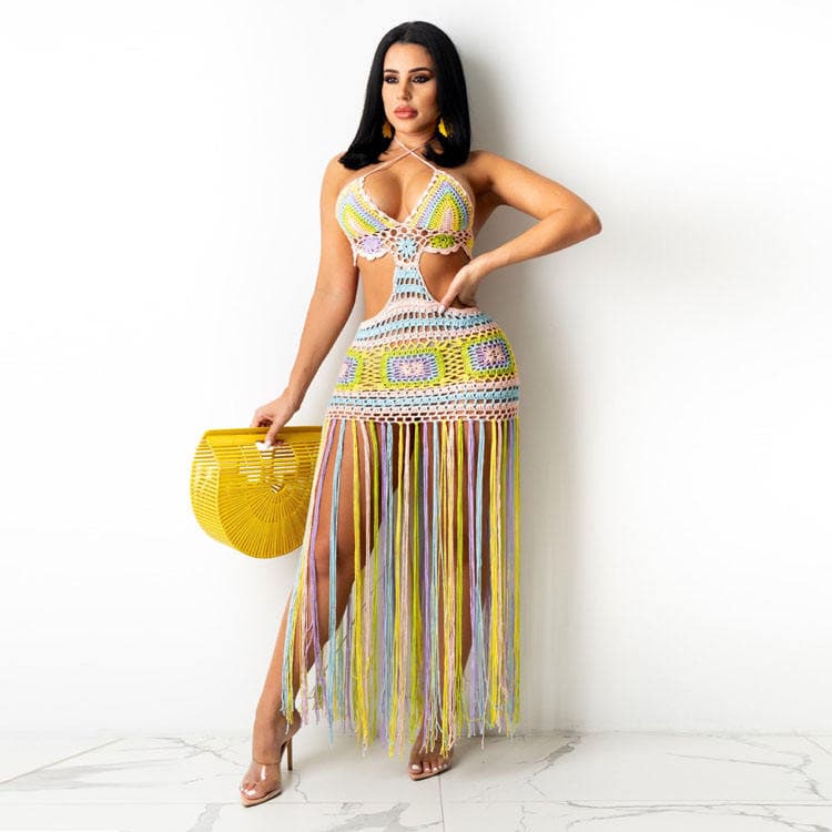 2023 Chromatic Hand Crochet Knitted Beach Dress Hollow Sexy Beach Swimsuit