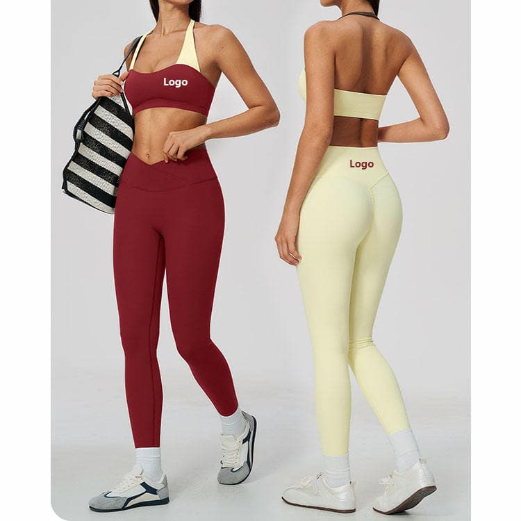 Women Running Fitness Set Block Color Halter Bra and Cross Waist Hip Lift Compact Legging 2 Piece Yoga Set