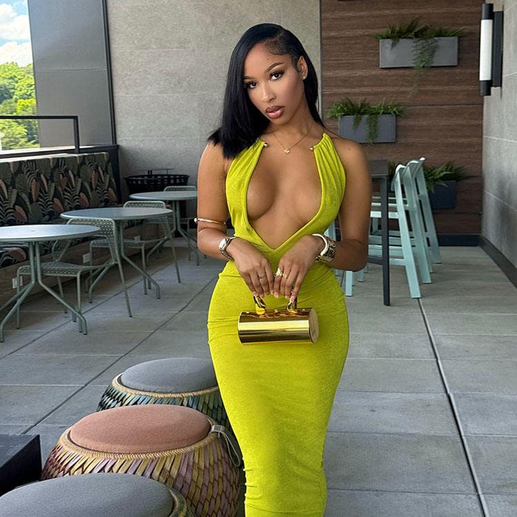 Wenshuo New Women Sexy Style Dress Slim Fit Deep V Neck Halter Floor Long Dress Women Sexy Bodycon Dress