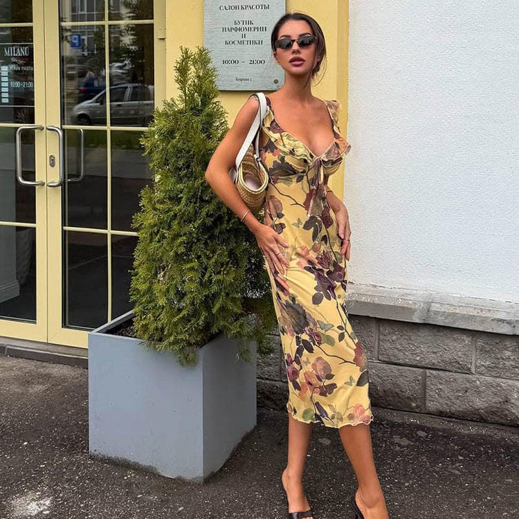 Wenshuo Trendy Retro Women Summer Slim Fit V Neck Dress Sleeveless Floral Print Mesh Midi Dress Leopard Print Casual Dress