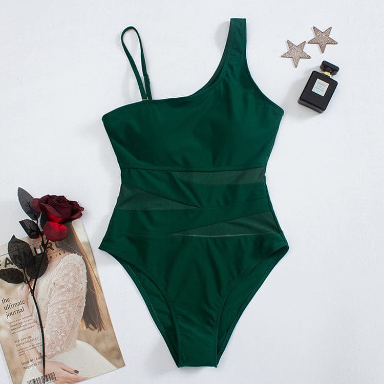 2023 New Sexy Shaped Solid Color Mesh Block One Piece Open Back Bikini Swimsuit for Women