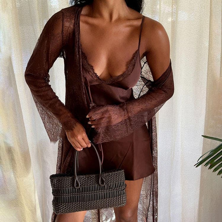 Wenshuo Lace Casual Sleepwear Wholesale Solid Color Loungewear Custom logo Loose Robe Set Factory Directly