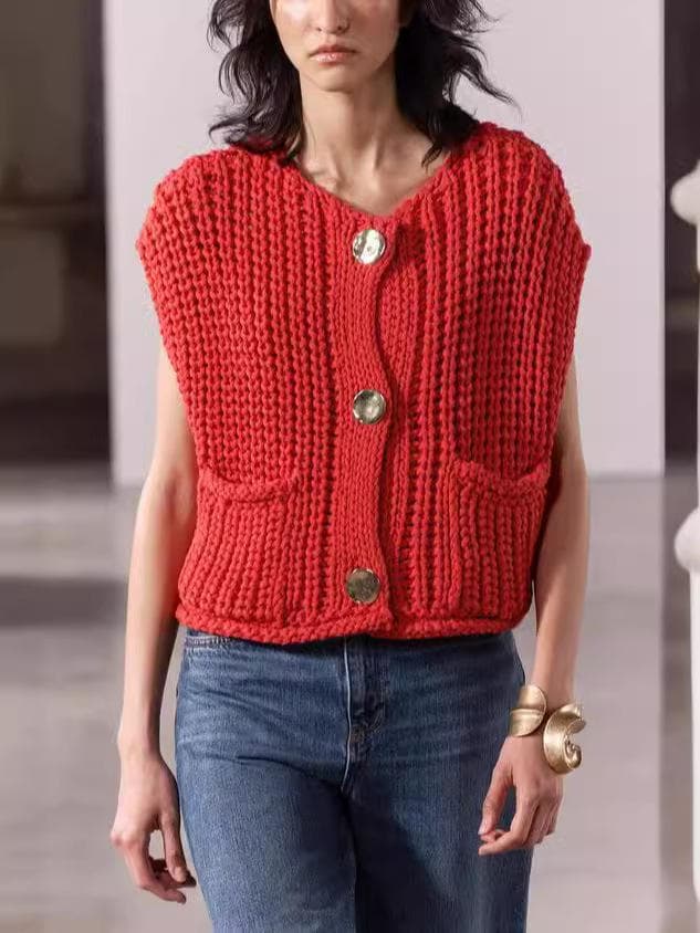 New Solid Color Knitted Sweater Top V-neck Sleeveless Vest Fashionable Short Casual Sweater