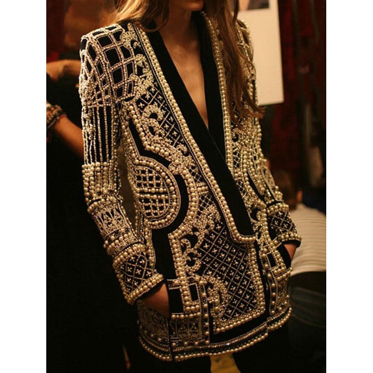 S-3XL New French Printed Suit High End Fashion V-neck Jacket Pearl Suit Jacket for Women
